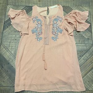 Chic Peach Dress with Blue Embroidery